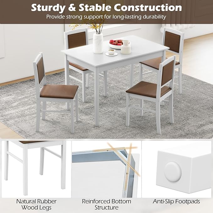 Giantex 5-Piece Dining Table Set for 4 - Breakfast Nook Table Set with Kitchen Table, 4 Upholstered Chairs, Wood Legs, Space-Saving Dinette Set, Kitchen Table Chairs Set of 4 (White+Brown)