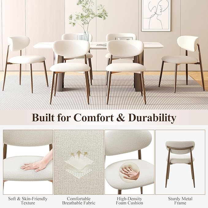 Dining Chairs Set of 4, Ergonomic Fabric Upholstered Seating with Wood Look Metal Legs and Anti Slip Pads, for Home and Restaurant Use, Beige