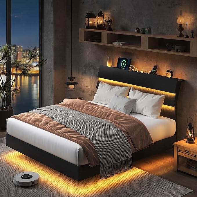 Feonase Floating Bed Frame Full with Led Lights and Charging Station, Wood Full Size Bed Frame with Storage Headboard, Heavy Duty Metal Slats, No Box Spring Needed, Easy Assembly, Noise-Free, Black