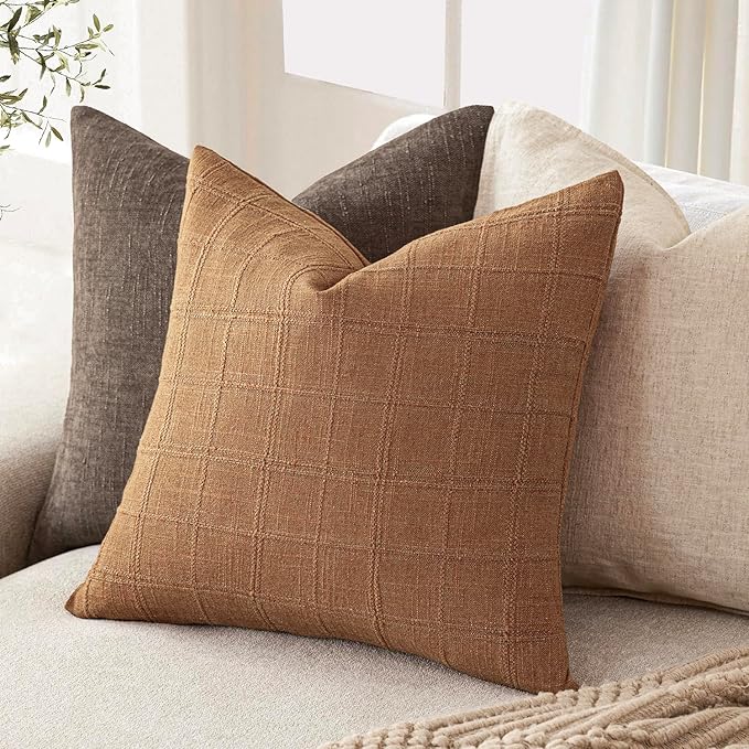 Foindtower Set of 2 Decorative Linen Check Throw Pillow Covers Neutral Farmhouse Vintage Cushion Covers Modern Boho Home Decor for Sofa Chair Couch Bedroom Living Room Outdoor,24×24 Inch,Brick