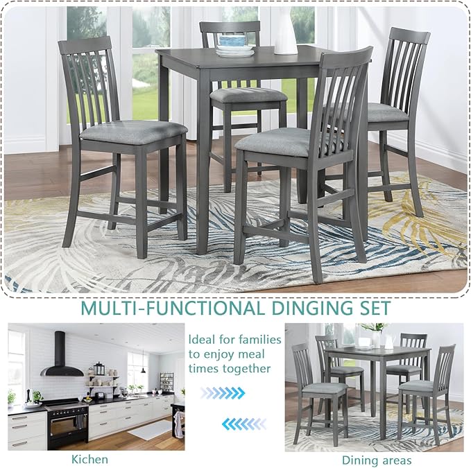 KEIKI 5-Piece Counter Height Dining Table Set with Square Table and 4 Upholstered Vertical Slatted Backrset Chair, for 4 Person, Modern Wooden Table Set, Easy Assembly, for Kitchen, Dining Room, Gray