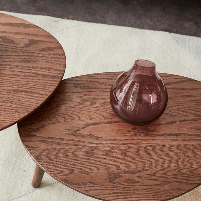 Small Oval Coffee Table, 19.7'' Small Mid Century Modern End Table for Living Room, 100% Solid Oak Wood Side Table, Minimalist Display Center Table(Walnut Color, 19.68" Wx13.38 Dx17.71 H)