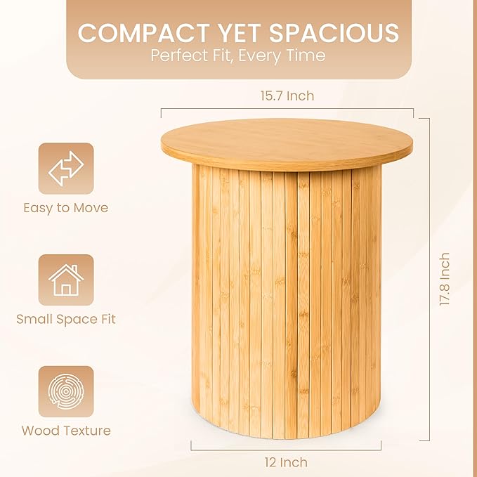 Handcrafted Round Fluted Pedestal End Table with Natural Wood Grain & Bamboo Base – Round Side Table, Coffee Table, Drink Table, Bedside Table for Bedroom, Living Room - 15.7” x 17.8” x 12”
