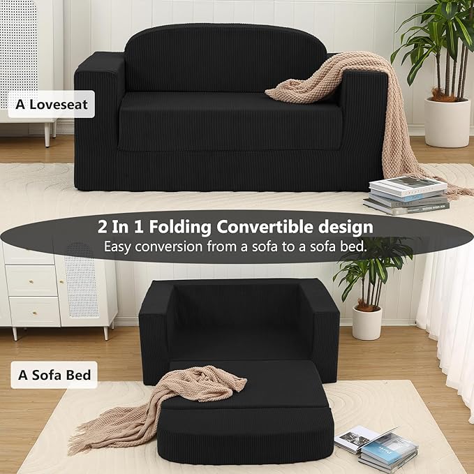 MeMoreCool Convertible Sofa Bed, Pull Out Loveseat Sleeper Sofa, Small Boneless Cloud Couch Bed for Adults, Fold Out Foam Love Seat Black, Corduroy Folding Floor Couch for Bedroom