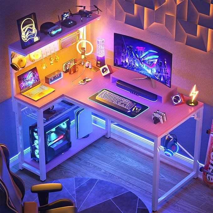 Homieasy Small Gaming Desk with Power Outlets Pegboard LED Light, 43 Inch L Shaped Computer Desk with Monitor Stand Storage Shelves, Reversible Corner Desk with Headset Hooks, Carbon Pink
