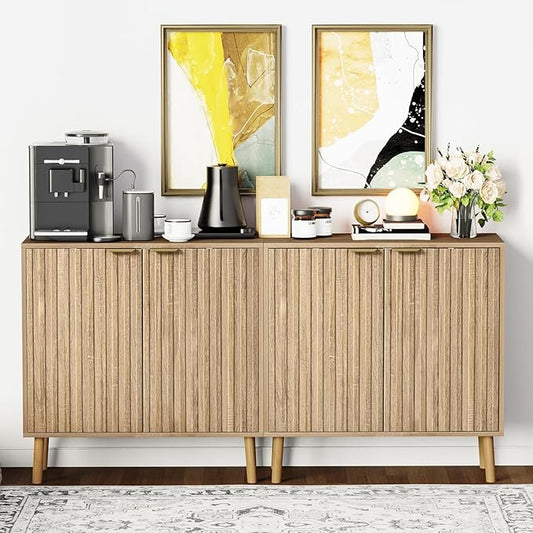 Pamapic Fluted Storage Cabinet, Sideboard Buffet Cabinet with Storage, Wood Credenza with Adjustable Shelves, Modern Accent Cabinet for Living Room, Kitchen, Entryway, Natural(2, Oak)