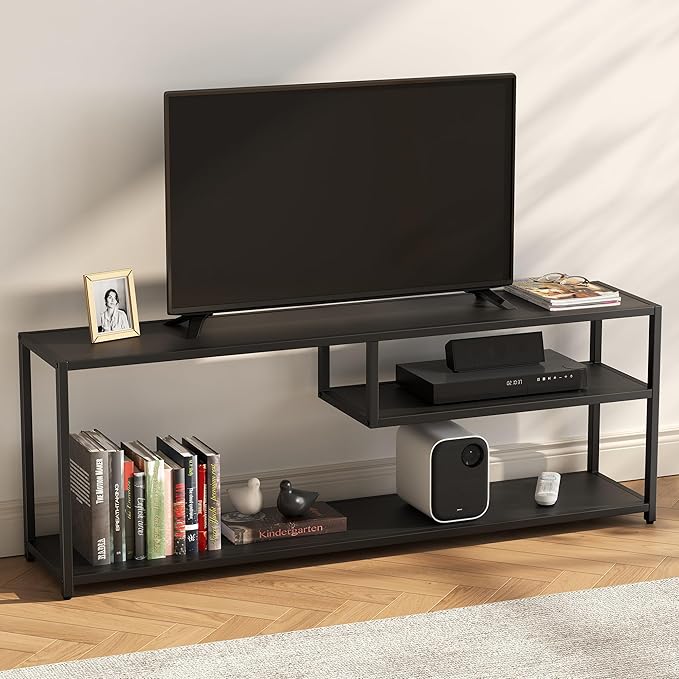 TECHMILLY Modern TV Stand for 55" TV, TV Table with Storage Shelves, Entertainment Center with Metal Frame, TV Console Table for Living Room, Bedroom, Black