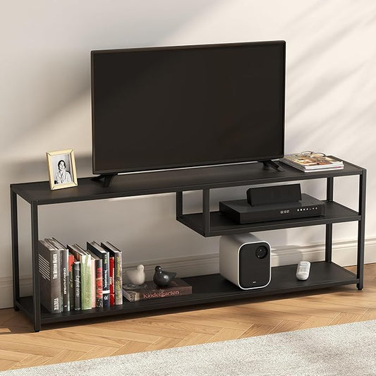 TECHMILLY Modern TV Stand for 55" TV, TV Table with Storage Shelves, Entertainment Center with Metal Frame, TV Console Table for Living Room, Bedroom, Black