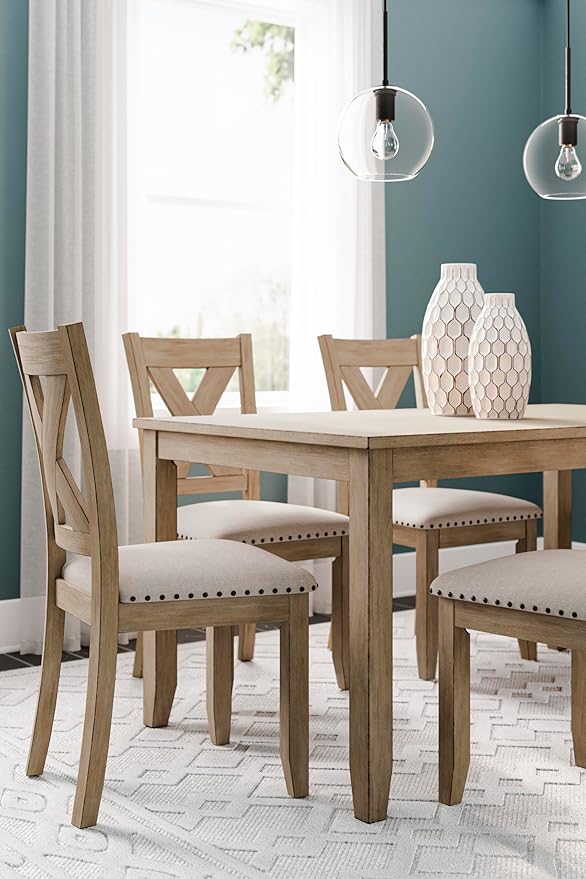 Signature Design by Ashley Sanbriar Casual Dining Table and Upholstered Chairs with Nailhead Trim, Set of 7, Light Brown & Beige