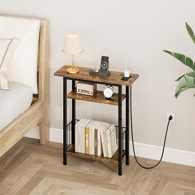Vagusicc Narrow Side Table with Charging Station, 3-Tier Skinny Side End Table for Couch Sofa, Small End Side Tables for Small Spaces, 25.2" Tall Slim Nightstand for Living Room, Bedroom, Rustic Brown