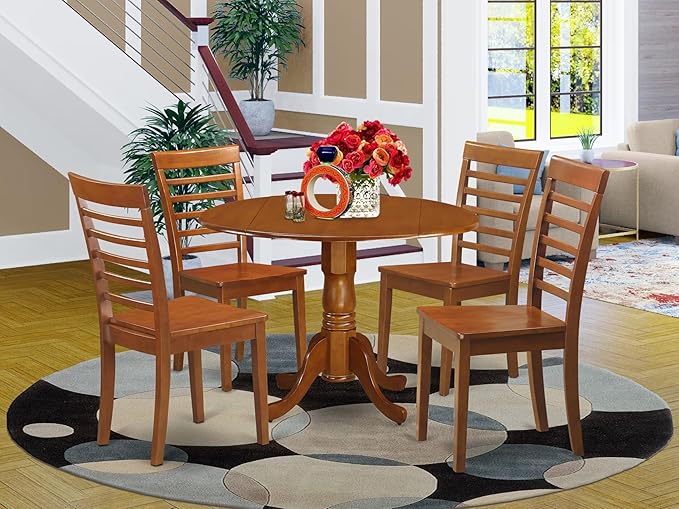 East West Furniture DLML5-SBR-W 5 Piece Kitchen Table & Chairs Set Includes a Round Dining Table with Dropleaf and 4 Dining Room Chairs, 42x42 Inch, Saddle Brown