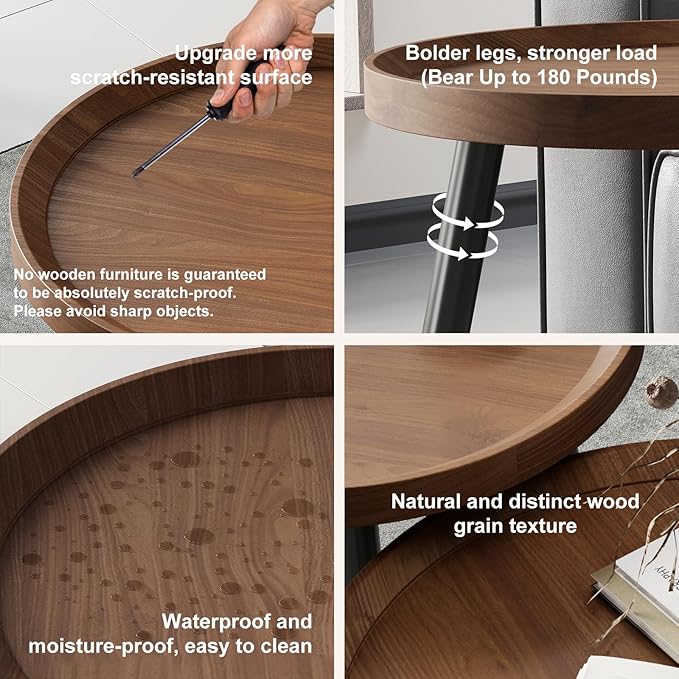 Small Round Coffee Table Set of 2, Walnut Coffee Tables for Living Room, Mid Century Modern Nesting Coffee Table, Wood Circle Center Tables, Black Wooden Side End Table, mesa de Centro para sala