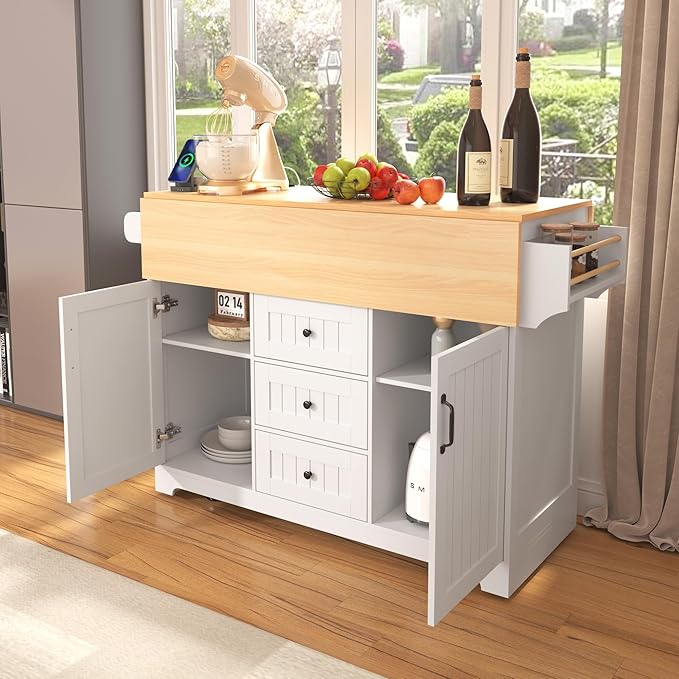 56" Large Kitchen Island with 2 Drop Leafs,Rolling Kitchen Cart on 5 Wheels W/Power Outlet & 3 Drawers,Folding Storage Dining Table W/Spice & Towel Racks,for Kitchen,Dining Room,White