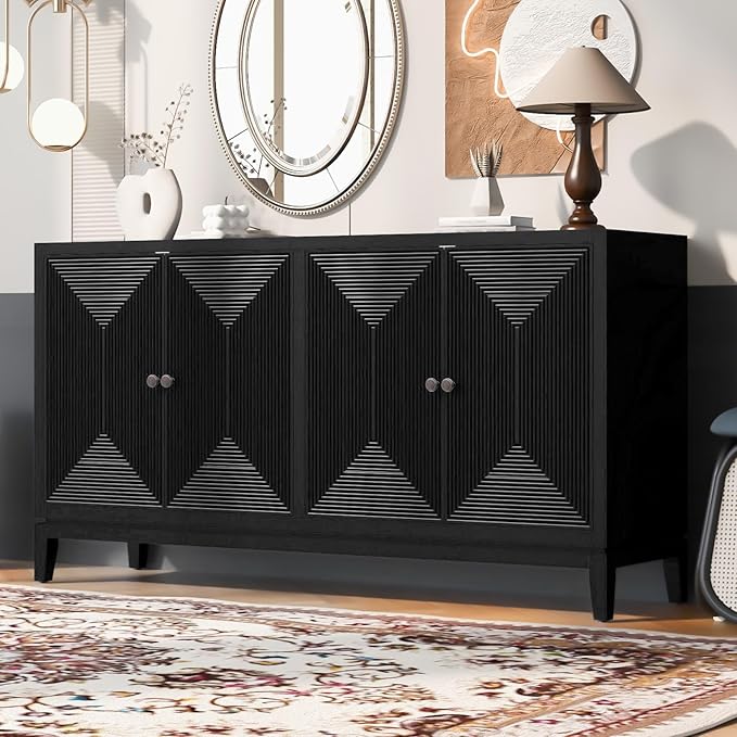 Merax 60" Sideboard Buffet Storage Cabinet with 4 Doors and Adjustable Shelves, Modern Wooden Accent Fluted Credenza Console Table for Kitchen, Study, Dining, Living Room, Coffee Bar, Entryway, Black