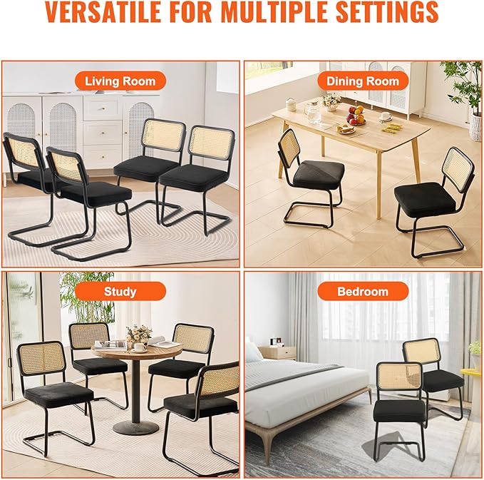 VEVOR Rattan Dining Chairs Set of 4, Mid Century Modern Dining Chair, Upholstered Velvet Accent Chair with Rattan Back, Retro Dining Room Kitchen Chair for Living Room, Bedroom (18.1 Inch)