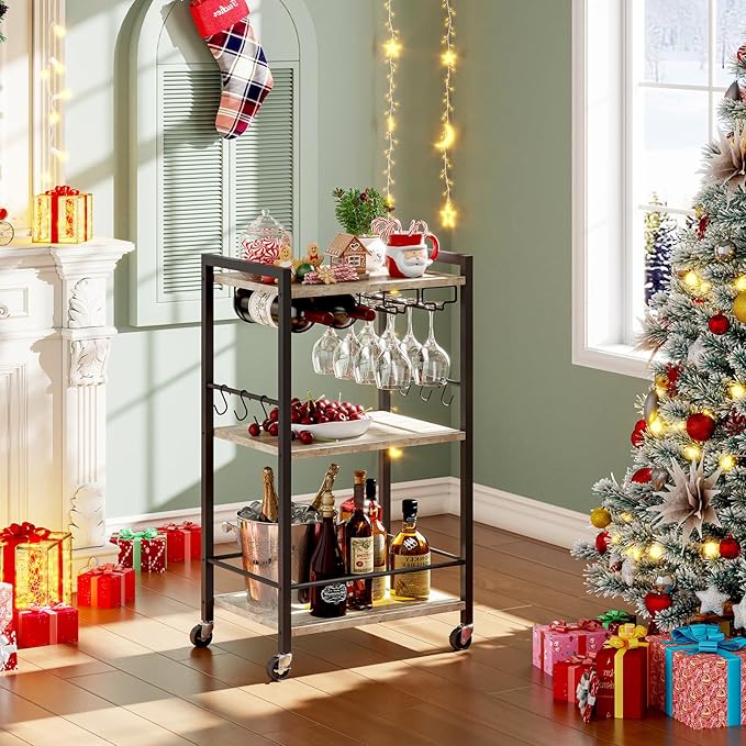TUTOTAK Bar Cart, Home Bar Serving Cart, Small Wine Cart with 3-Tier Shelf, Beverage cart, Drink Cart with Wine Rack and Glass Holder, Rolling bar carts for The Home, Living Room, Greige BC01BG035