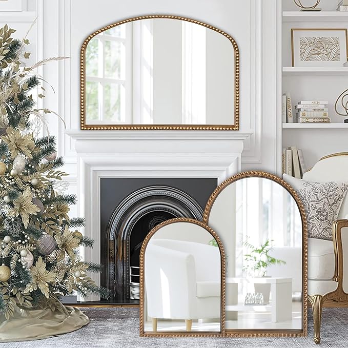 ironsmithn Gold Arched Mirror, 28"x36" Antique Mirrors with Beaded Frame, Classic Vintage Decorative Mirror, Marlowe Accent Mirrors for Mantel Fireplace Bedroom Bathroom Living Room Entryway