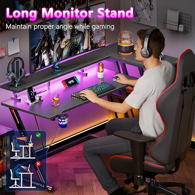 55 Inch Gaming Desk with Power Outlet & LED Lights, L Shaped Gamer Computer Table with Storage Shelves for Bedroom, Corner Home Office Desk, Carbon Fiber Black