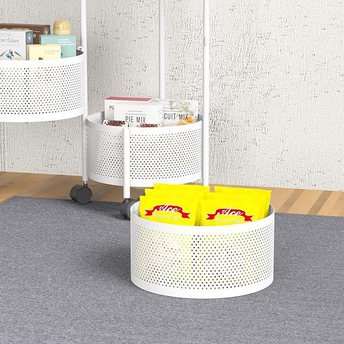 JAQ Rotating Storage Shelves Rack for Kitchen, 4-Tier Multi Layer Removable Basket Shelf Organizer on Rolling Wheels for Fruit Vegetable Grocery Corns Potato Onion (4-Tier, White)