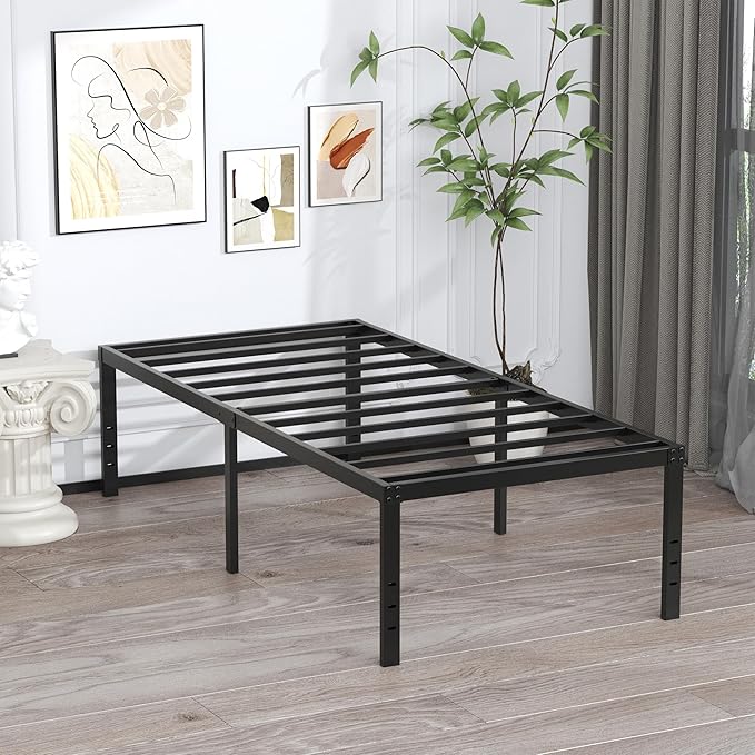 EMODA 20 Inch Twin Bed Frame No Box Spring Needed, Heavy Duty Tall Metal Twin Platform Bed Frames with Large Storage Space, Noise Free, Easy Assembly, Black