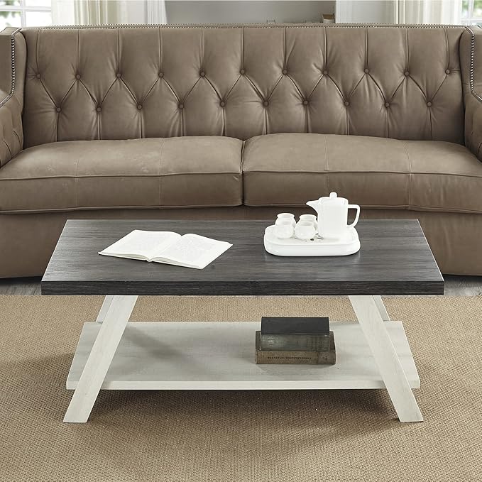 Roundhill Furniture Athens Contemporary Wood Shelf Coffee Table, Weathered Charcoal and Beige