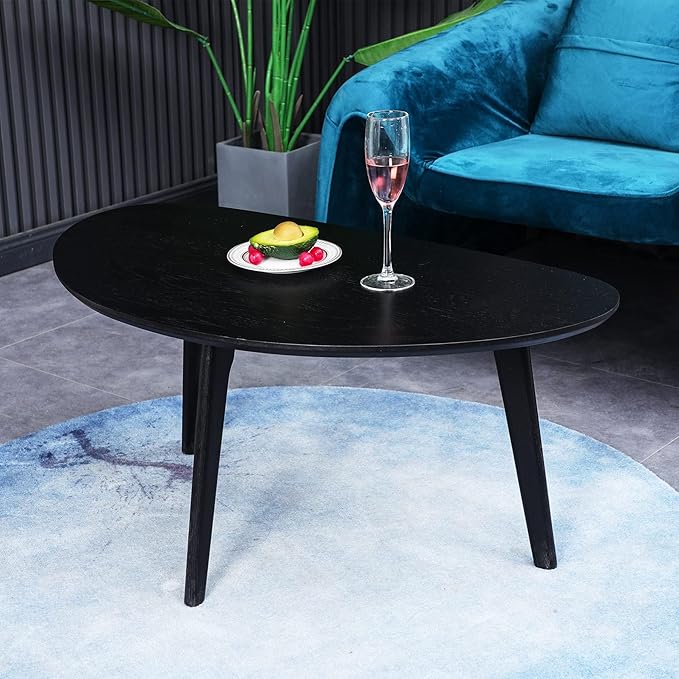 FIRMINANA Small Black Oval Coffee Table for Small Space , Simple Modern Center Table with OAK Wood Legs-Black-18.9" D x 33.47" W x 15.75" H