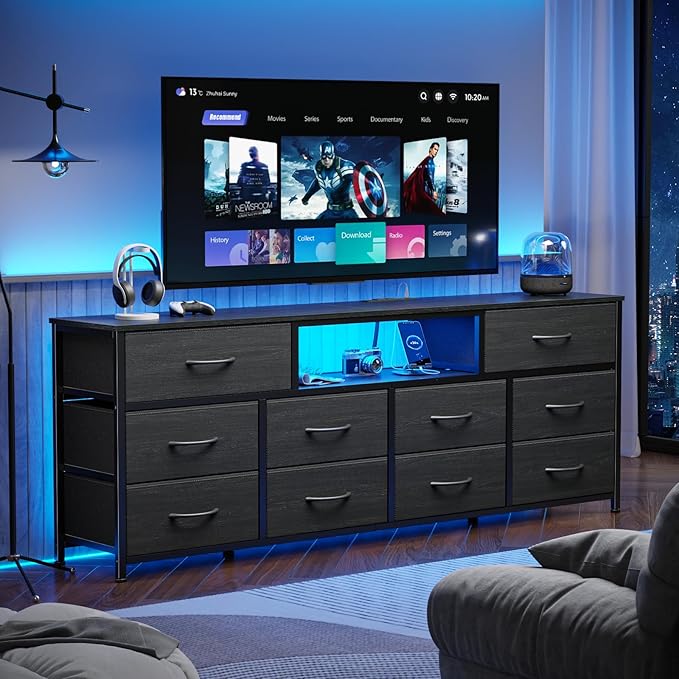 Furnulem 63” Long Dresser for Bedroom, TV Stand for 65 to 75 inch TV, Black Dresser with 10 Fabric Drawers, Chest of Drawer for Closet, Entertainment Center with Power Outlet & LED Light