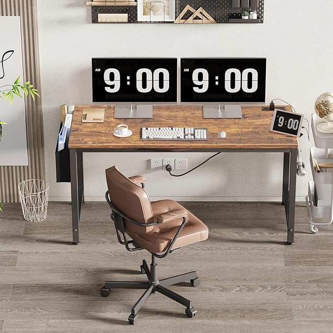 Lufeiya Gaming Desk with Power Outlet, 55 inch Teen Study Table Home Office Work Writing Computer Desks with Charging Station Outlets Built in, Brown