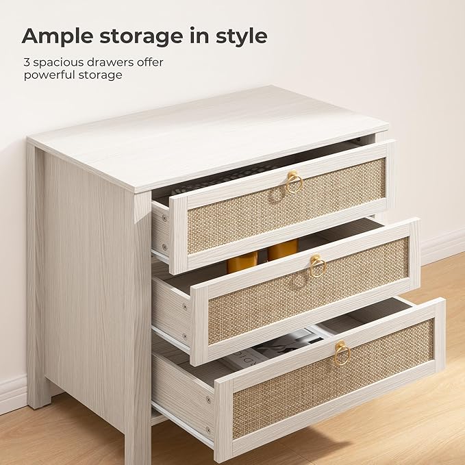 SICOTAS White Nightstand Set 2 with Drawers - Large Rattan Bedside Table with Golden Handle, 3 Drawers Night Stand Tall End Table 26.78" Wide Side Table Boho Nightstand for Bedroom