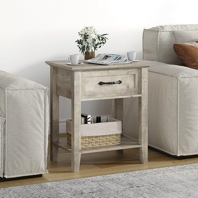 IDEALHOUSE Grey Nightstand, End Table with Drawer, Side Table for Spaces, 2 Tiers Storage Shelves with Dresser, Bedside Table for Living Room, Bedroom, Dorm (Grey)