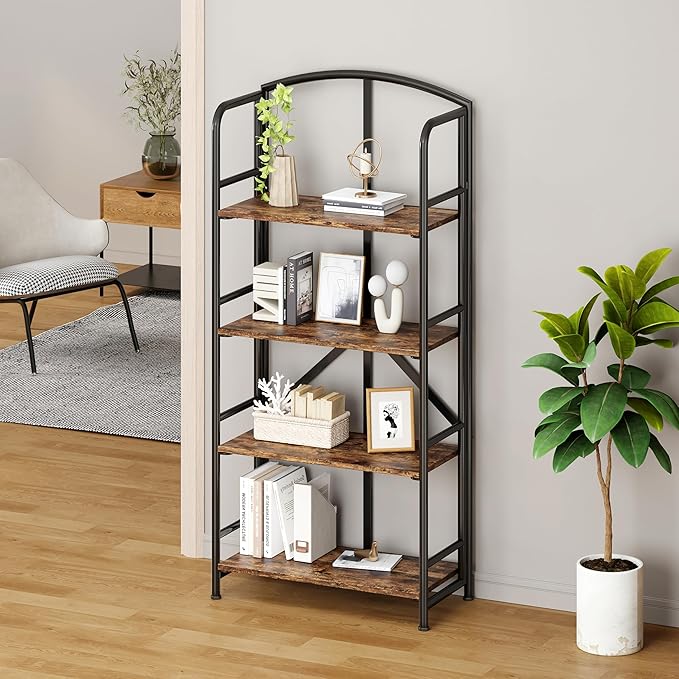 No-Assembly Folding Bookshelf Storage Shelves 4 Tiers Vintage Multifunctional Plant Stand Storage Rack Shelves Bookcase for Home Office
