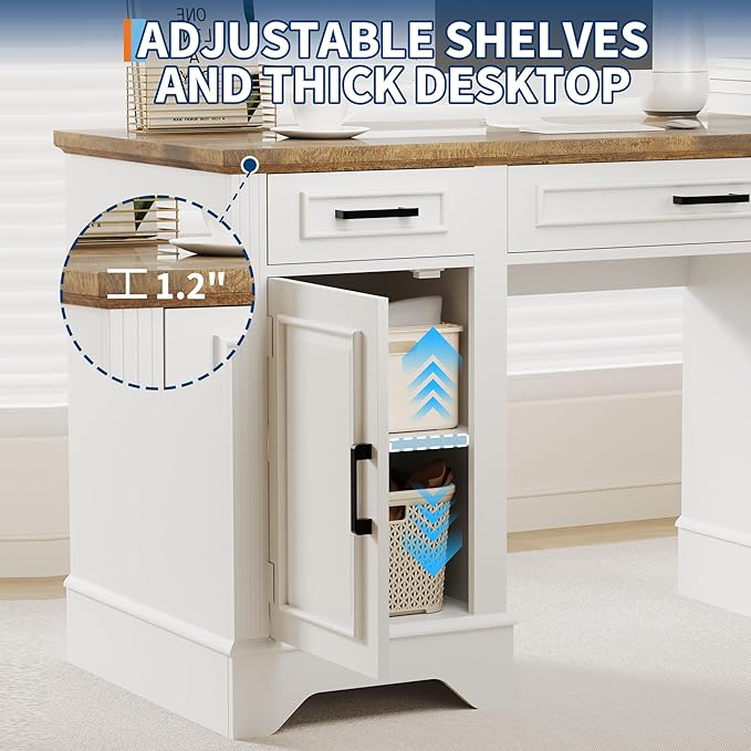 Executive Office Desk, Farmhouse 58" Office Desk with Storage, Wood Executive Computer Desk with Keyboard Tray, File Drawer, Storage Cabinet for Home Office Remote Work-Antique White