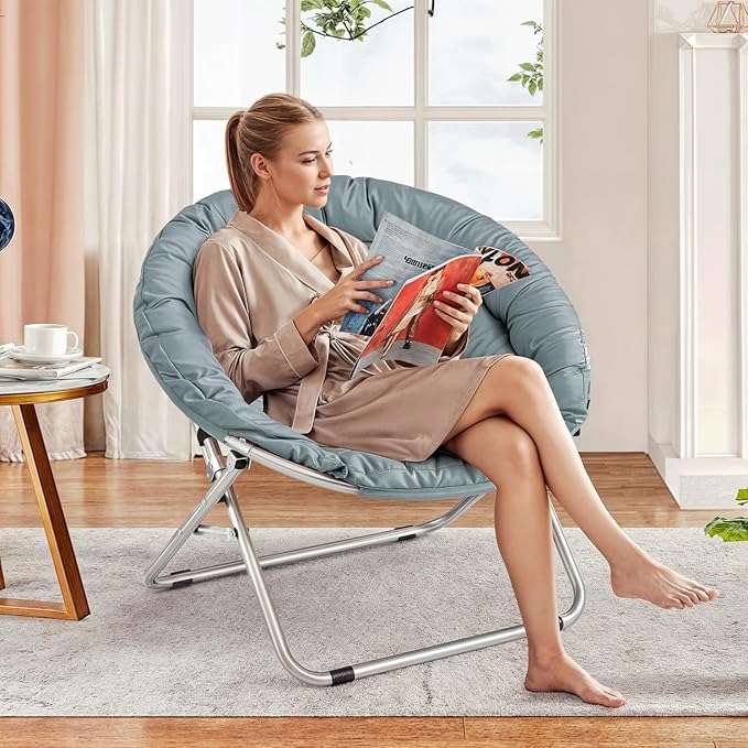 MoNiBloom Round Folding Saucer Chairs Set of 2 for Bedroom Living Room Dorm Foldable Metal Frame Comfy Soft Lounge Lazy Cozy Moon Chairs for Teens (Teal)