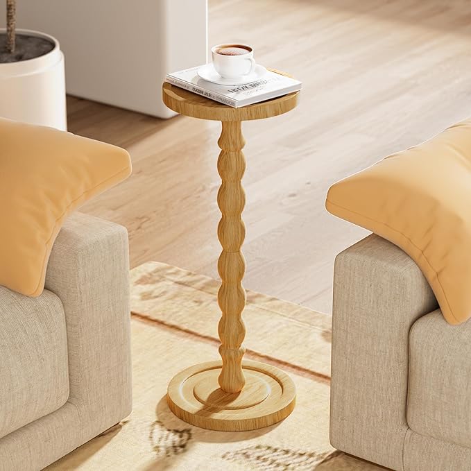 Solid Wood Drink Table, Rubber Wood‌ Small Round Side Table for Small Spaces, Martini Tables, Pedestal End Tables for Living Room, Bedroom, Corners, and Office (Natural, 9.4 inch)
