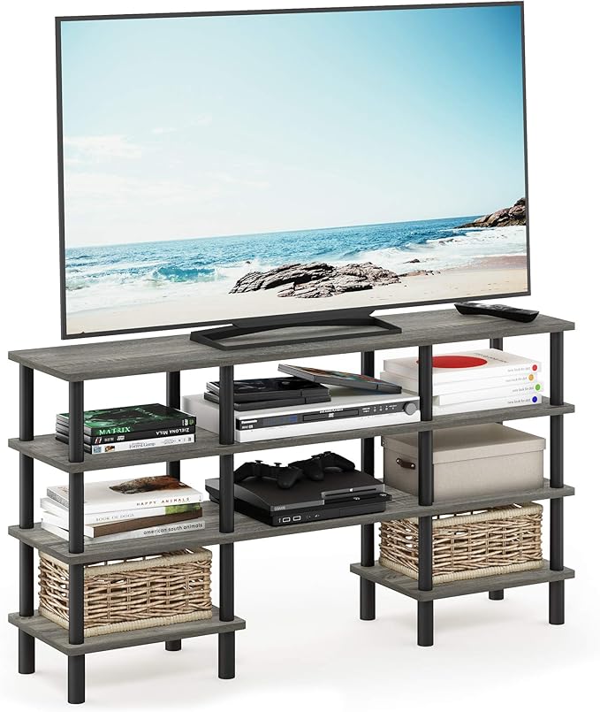 Furinno Turn-N-Tube 4-Tier Multipurpose Wide Shelf TV Stand, French Oak Grey/Black