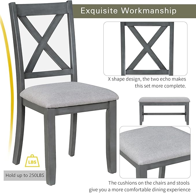Ball & Cast 6-Piece Dining Table Set, 60" Wood Dining Kitchen Table & Chairs Set, Rectangular Dining Room Foldable Table with 4 Upholstered Chairs & 1 Bench,Perfect for Dining Room, Kitchen, Gray