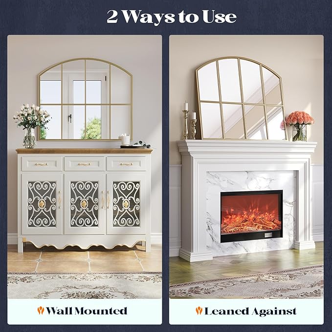 Wide Arched Mirror, 36" x 24" Gold Window Mirror, Antique Brass Farmhouse Mirrors for Living Room Dining Room Bedroom Fireplace Hallway Entryway