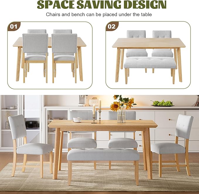 Ball & Cast 6 Piece Dining Room Table Set for 6,Rustic Farmhouse Dining Room Rectangular Table with Upholstered Chairs and Bench,Wood Dining Furniture for Kitchen,Natural Wood Wash