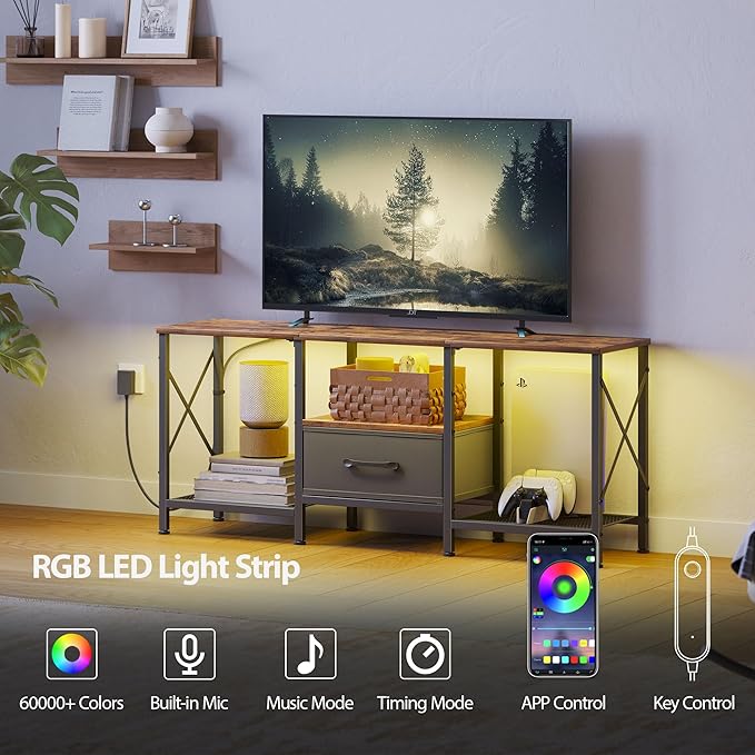 LED TV Stand with Fabric Drawer, Entertainment Center for 50 55 Inch TV, Industrial TV Console Table with Open Storage Shelves for Living Room, Bedroom, Rustic Brown