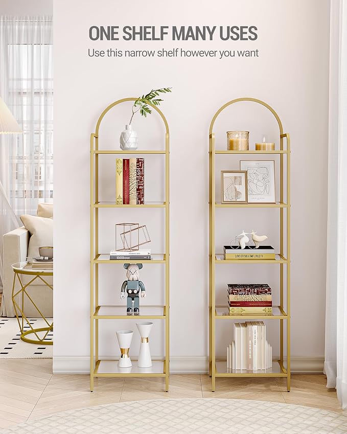 Bookcase Bookshelf, Tempered Glass Bookshelves, Slim Shelving Unit for Bedroom, Bathroom, Home Office, Steel Frame, 6 Tier Gold BC10601G