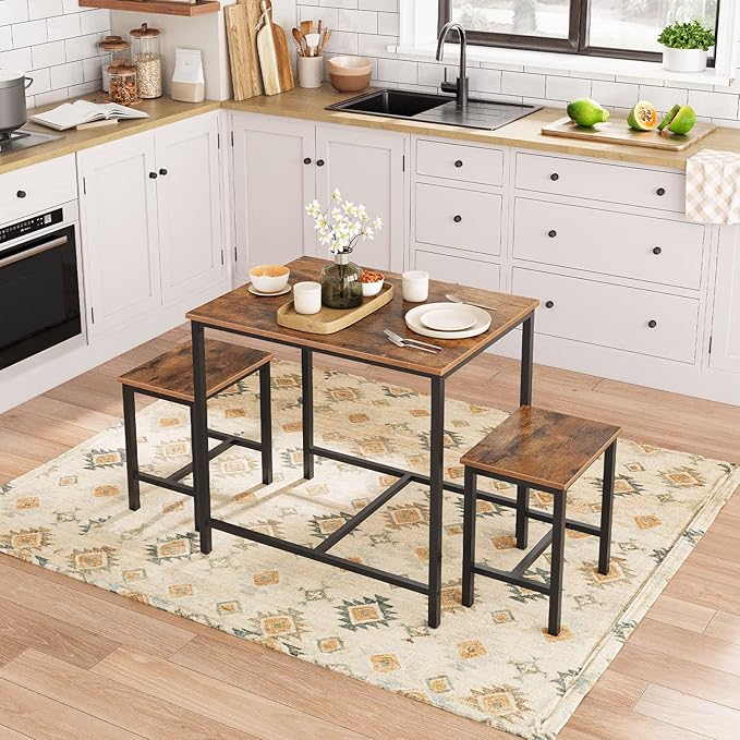 HOOBRO 3-Piece Industrial Dining Table Set, Kitchen Table, Space Saving Dinette for Kitchen, Dining Room, Small Space, Breakfast Nook, Living Room, Party, Rustic Brown and Black BF75CZ01G1