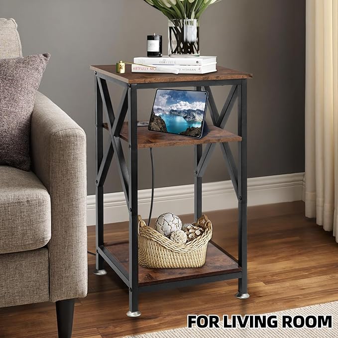 End Table with Charging Station, End Tables Living Room Set of 2 Farmhouse, 12" D x 16" W x 28" H, 28 inch Tall Side Tables, Rustic Wood End Tables, Couch Side Tables Set of 2