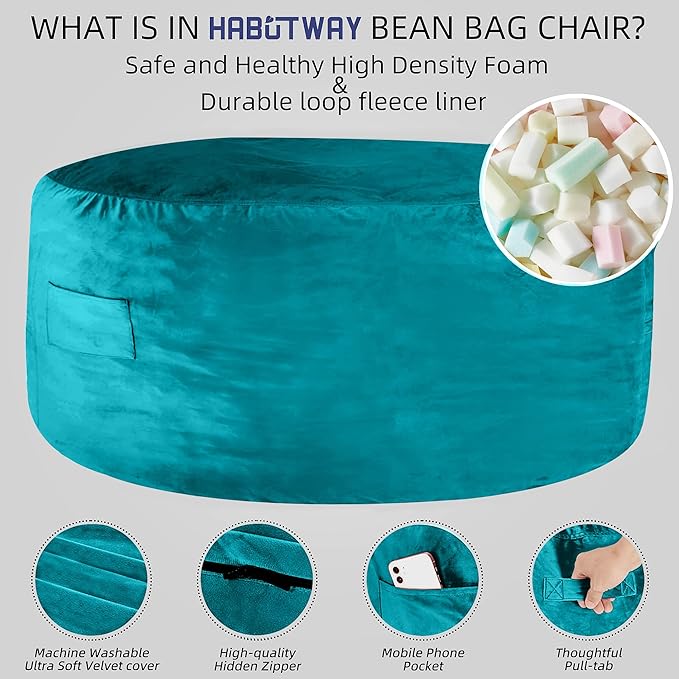 HABUTWAY Bean Bag Chair: Giant 5' Memory Foam Furniture Bean Bag Chairs for Adults with Microfiber Cover 5Ft (Sea Blue)