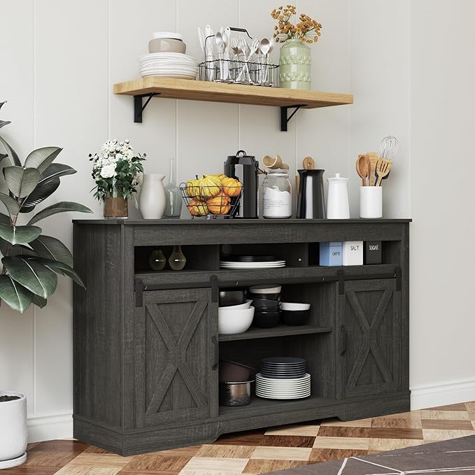 RoyalCraft Farmhouse TV Stand for 65+ Inch TV, 34'' Tall Entertainment Center with Sliding Barn Doors, Rustic Wood Media Console Storage Cabinet Television Stand for Living Room, Bedroom (Dark Grey)
