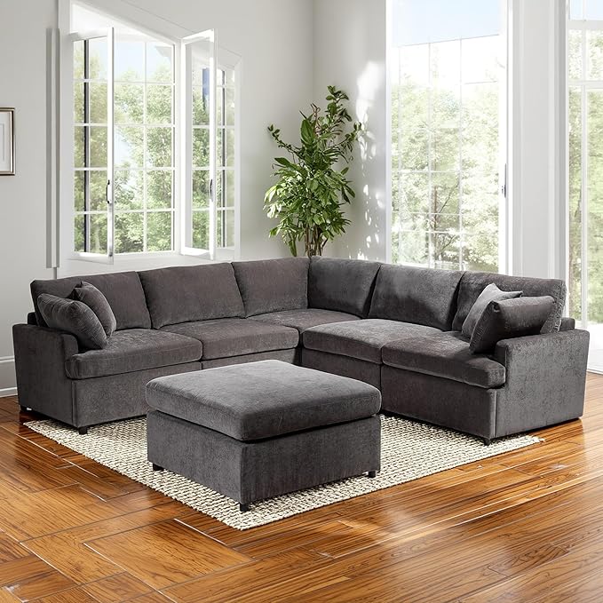 100 Inch U-Shaped Modular Convertible Sectional Sofa with Removable Ottoman and Pillows, Oversized 6 Seater Upholstered Corner Couch for Living Room, Office, Spacious Space, Gray
