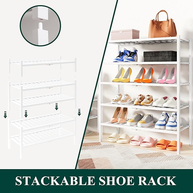 Smiry Shoe Rack, 4 Tier Thick Bamboo Shoe Organizer, Stackable Free Standing Wooden Shoe Storage Shelf for Closet, Entryway, Front Door Entrance, White