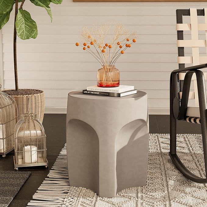 COSIEST Set of 2 Concrete Side Table Drum Shape, 2 Pieces Outdoor Side Table, Patio Accent Cement End Tables, Garden Decorative Stool, Plant Stand Drum Table, Grey
