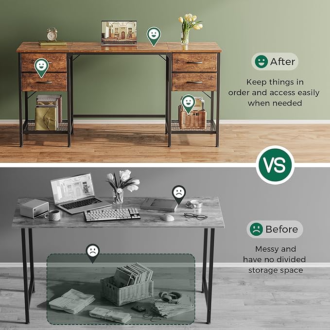 Huuger 63 Inch Computer Desk with 4 Drawers and Mesh Shelf, Gaming and Work Desk for Home Office, Study, Bedroom, Work from Home, Rustic Brown