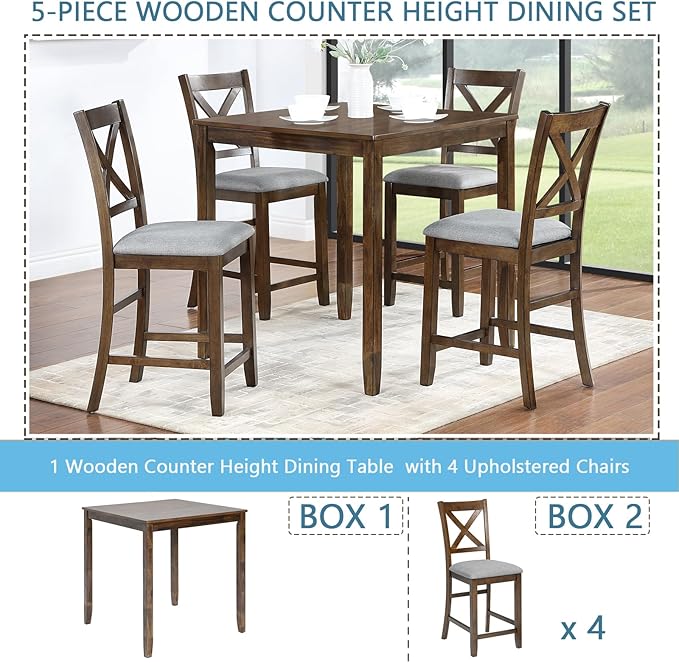 KEIKI 5-Piece Counter Height Dining Table Set with Square Table and 4 Upholstered X-Shaped Backrset Chair, for 4 Person, Modern Style Wooden Table Set, Easy Assembly, for Kitchen, Dining Room, Walnut