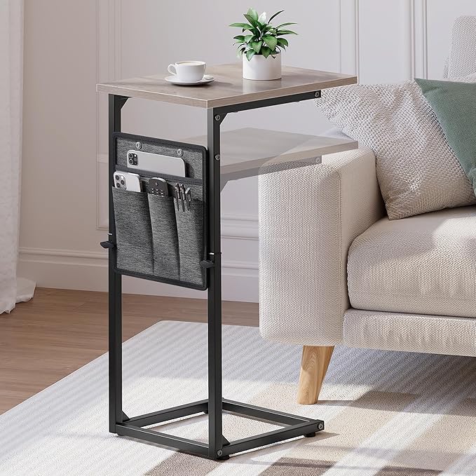 Vagusicc C Shaped End Table, 33" Tall Side Table for Couch, Adjustable Height Small Couch Side Table, Laptop Sofa Tables Slide Under Recliner Tables TV Tray Arm Tables for Living Room, Bedroom, Grey